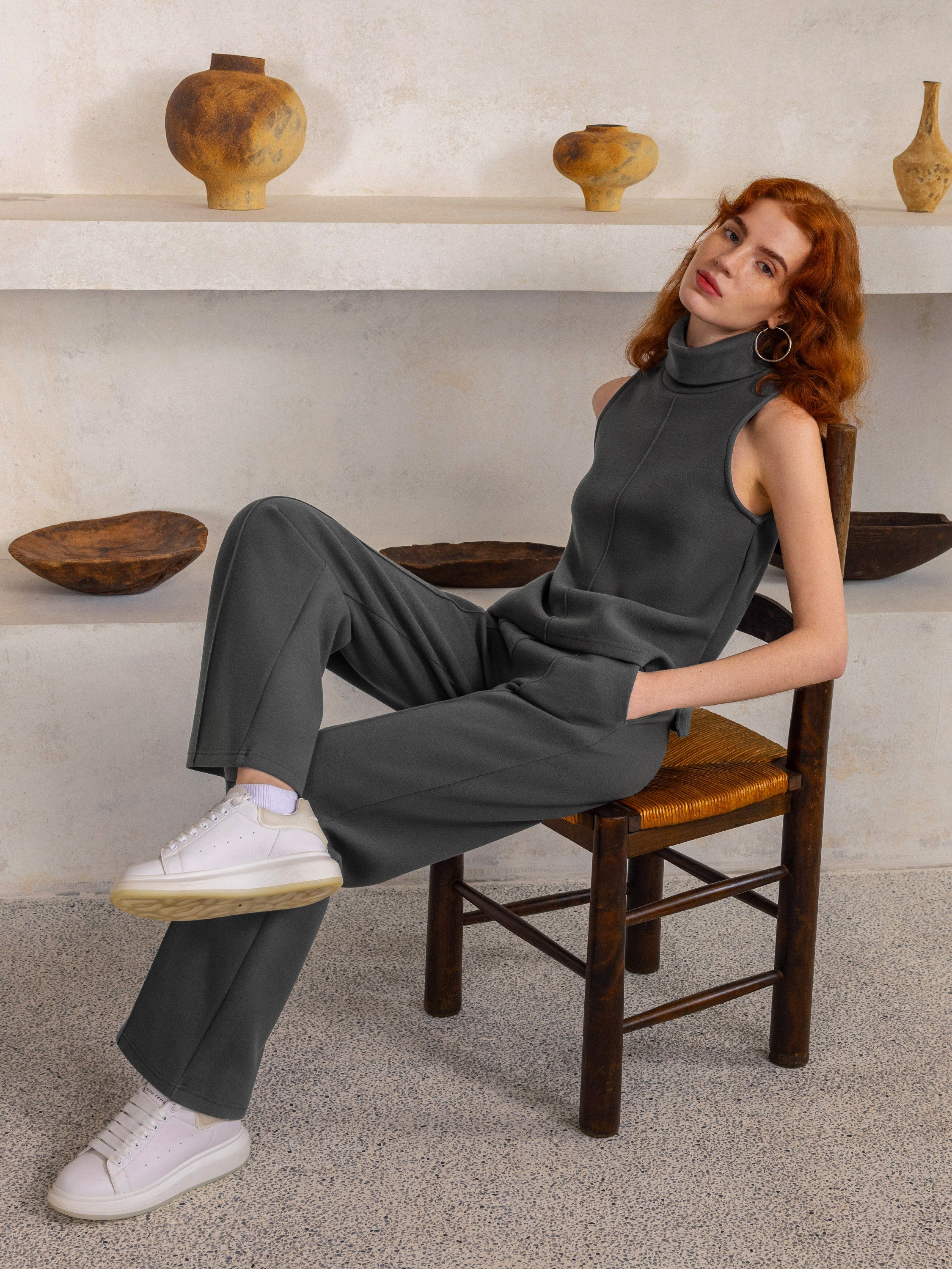Sigrid™| Todelt lounge-set – Høyhalset topp & vide bukser