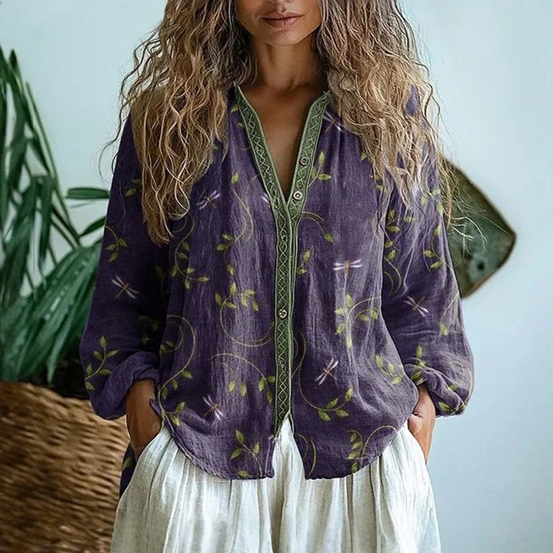 Sigrid™|  Bohemsk bluse med bladtrykk