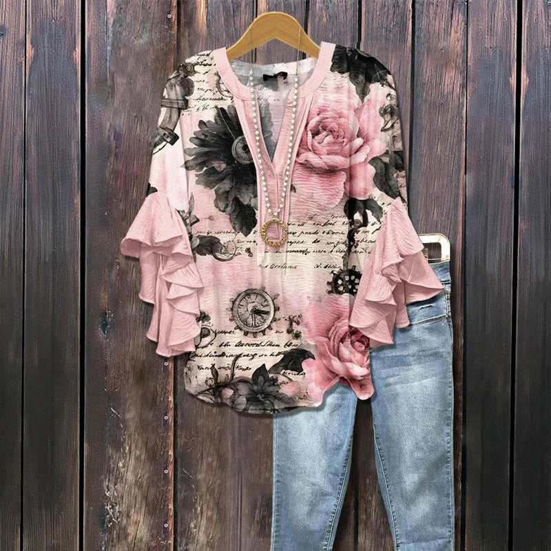 Sigrid™ | Romantisk Bluse med Blomstermønster & Volangerme